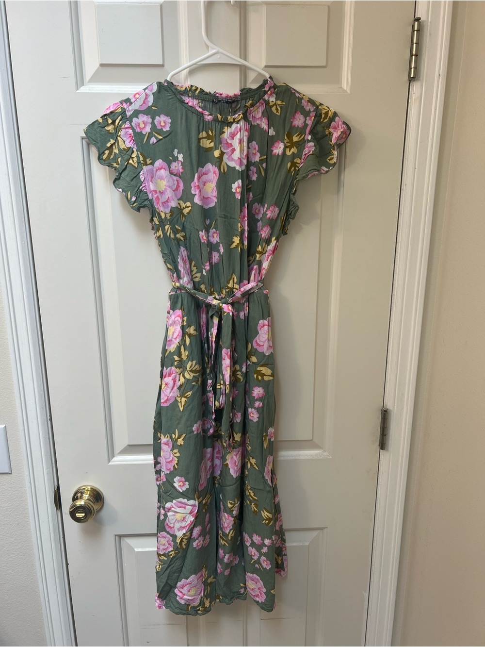 BloomChic Olive Green Dress with Pink Floral Print, Size 12